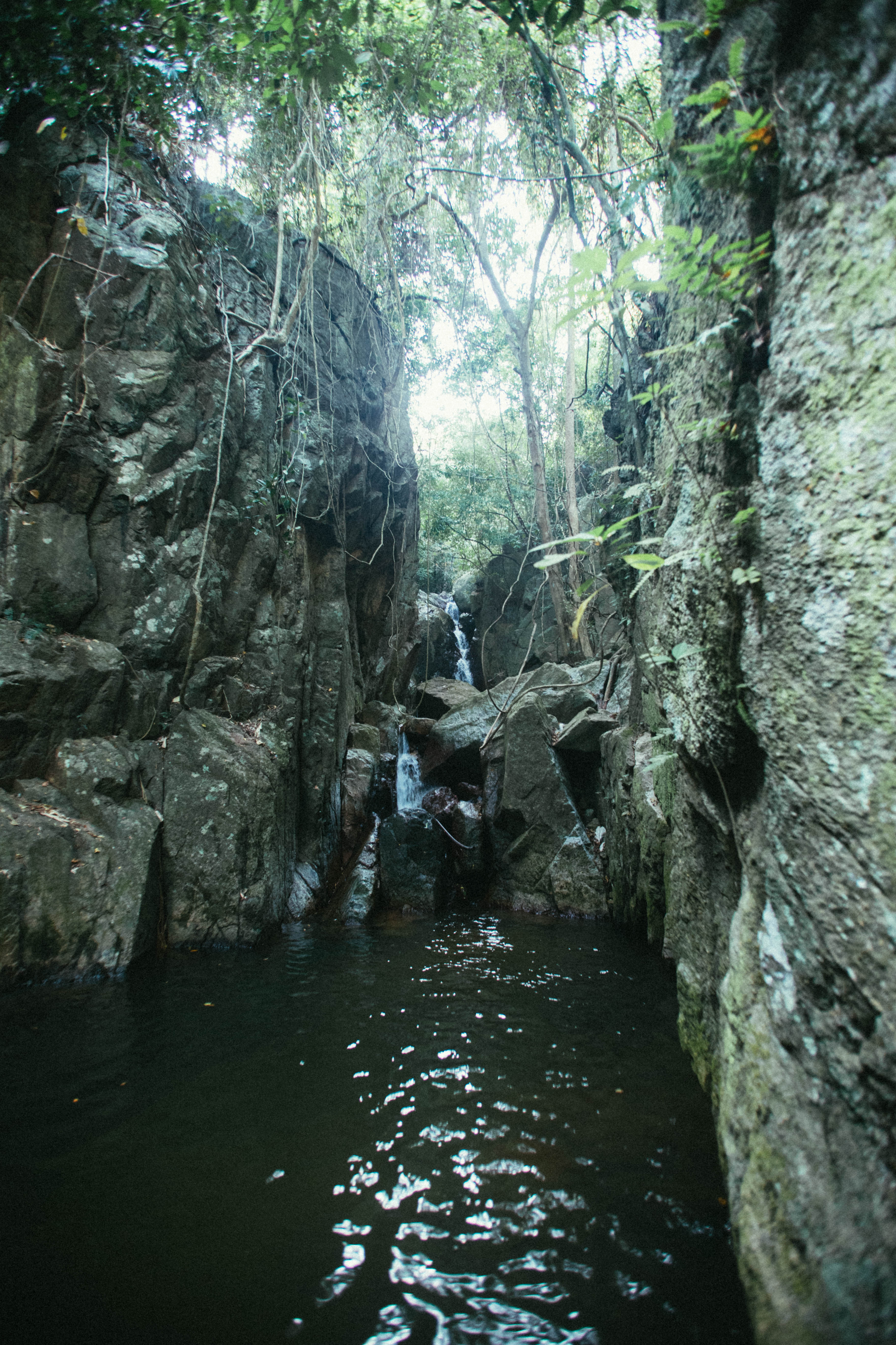 Une cascade entre les rochers et la végétation à Koh Samui.